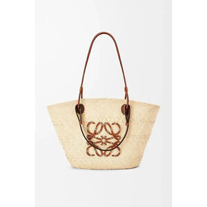 Loewe Anagram Basket Iraca Palm Calfskin Shoulder Tote Bag Tan Brown